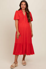 Red Collared Pocketed Maternity Midi Dress