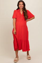 Red Collared Pocketed Maternity Midi Dress