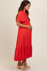 Red Collared Pocketed Maternity Midi Dress