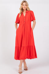 Red Collared Pocketed Midi Dress