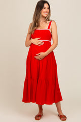 Red Scallop Trim Tiered Maternity Midi Dress