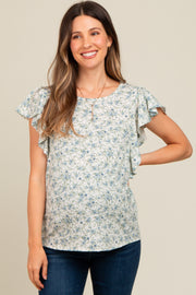 Blue Floral Ruffle Sleeve Maternity Blouse