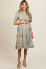 Sage Smocked Embroidered Mesh Maternity Dress