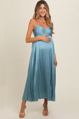 Blue Satin Pleated Maternity Midi Dress