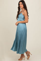 Blue Satin Pleated Midi Dress