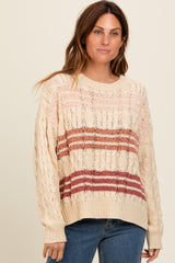 Beige Mixed Cable Knit Striped Sweater