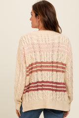 Beige Mixed Cable Knit Striped Sweater