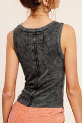 Black Mineral Washed Back Patch Detail Tank Top