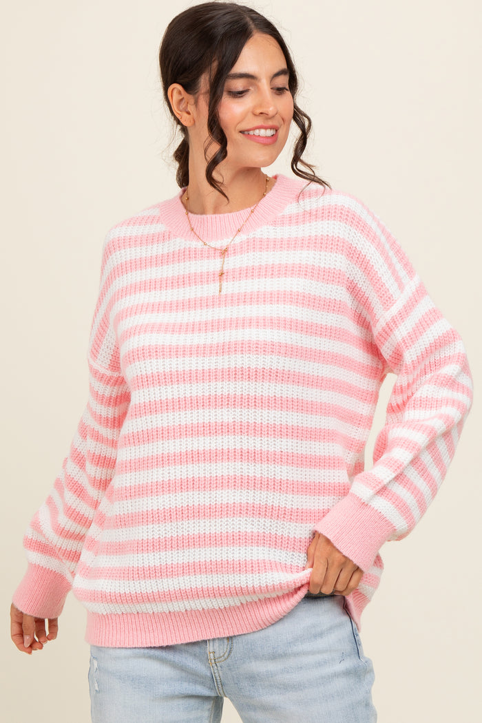 Light Pink Striped Crew Neck Maternity Sweater