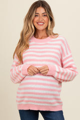 Light Pink Striped Crew Neck Maternity Sweater