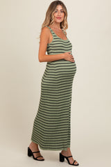 Light Olive Striped Sleeveless Maternity Maxi Dress