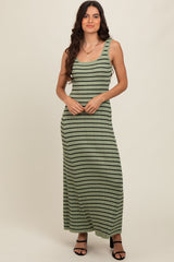 Light Olive Striped Sleeveless Maternity Maxi Dress