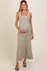 Cream Striped Sleeveless Maternity Maxi Dress