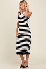 Black Striped Fitted Polo Midi Dress