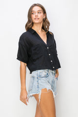 Black Cotton Gauze Crop Shirt