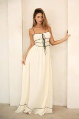 Cream Color Contrast Peasant Sleeveless Maxi Dress