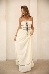 Cream Color Contrast Peasant Sleeveless Maxi Dress