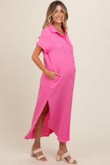 Fuchsia Button Down Maternity Midi Dress