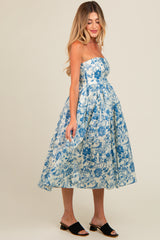 Blue Floral Strapless Maternity Midi Dress