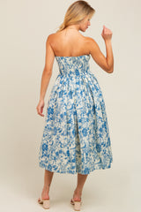 Blue Floral Strapless Midi Dress