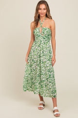 Green Leaf Print Halter Keyhole Maternity Midi Dress