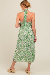 Green Leaf Print Halter Keyhole Maternity Midi Dress