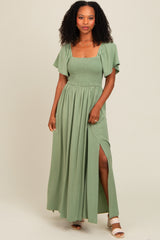 Light Olive Chambray Smocked Maternity Maxi Dress