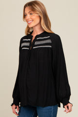 Black Embroidered Smocked Maternity Blouse