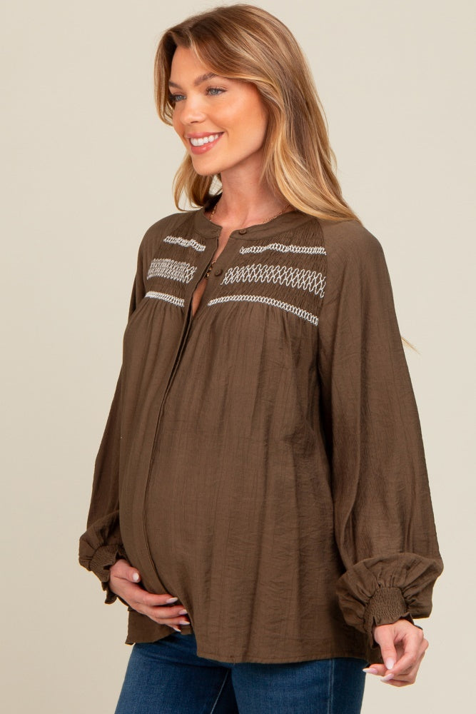 Olive Embroidered Smocked Maternity Blouse