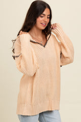 Beige Contrast Stitch Hooded Maternity Sweater