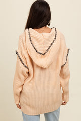 Beige Contrast Stitch Hooded Sweater