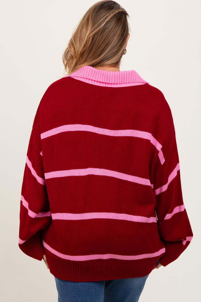 Red Striped Collared Maternity Plus Sweater