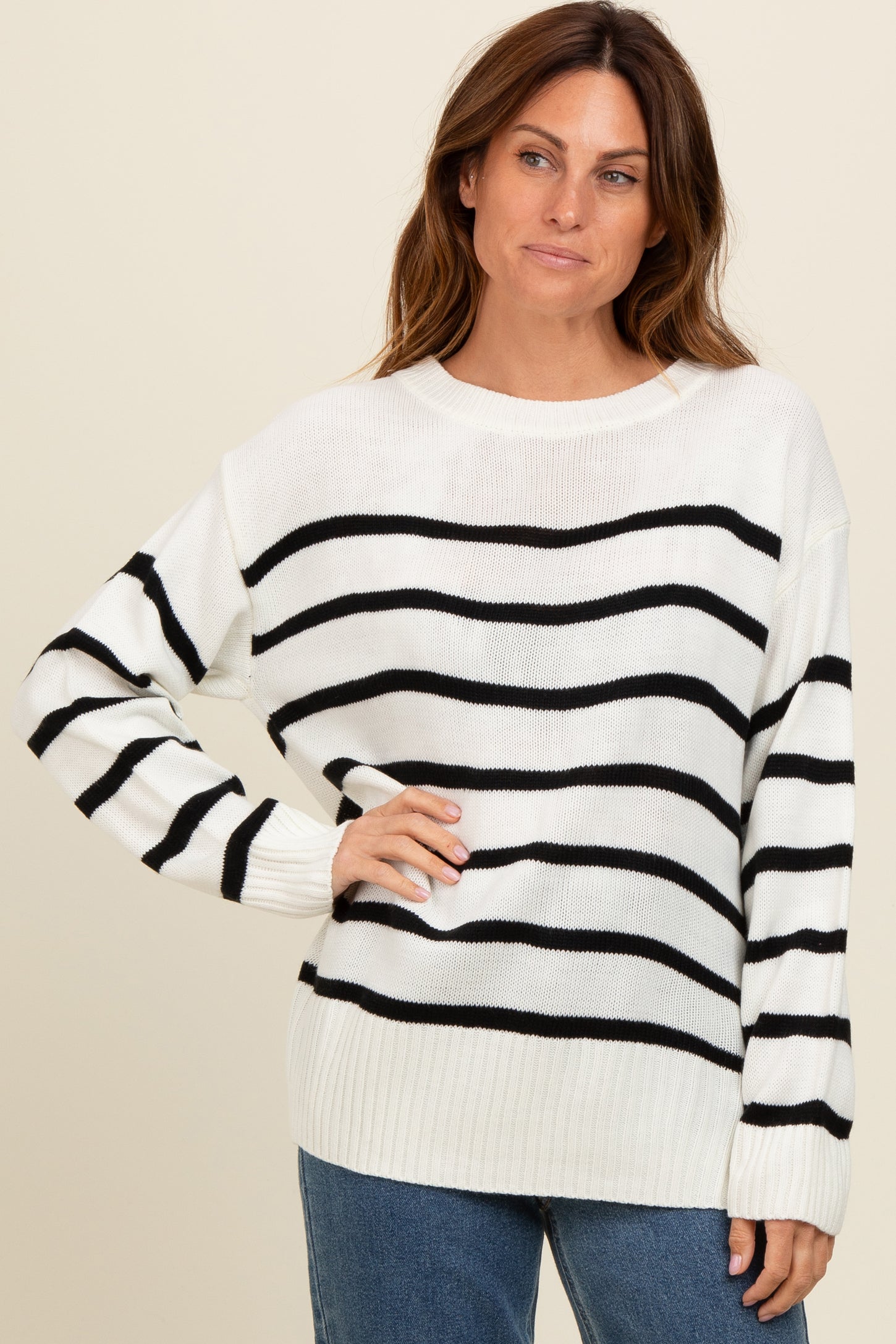 Ivory Striped Side Slit Maternity Sweater