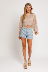 Natural Round Neck Long Sleeve Crochet Top