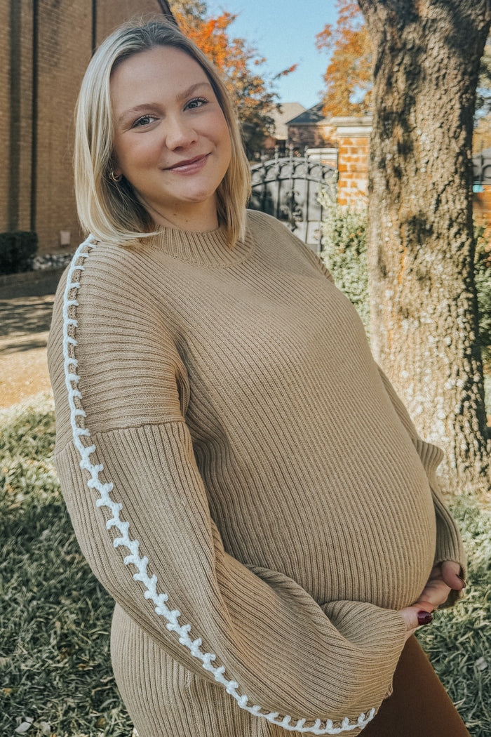 Taupe Contrast Stitch Maternity Sweater