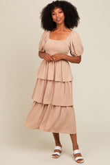 Mocha Smocked Body Ruffled Tiered Maternity Midi Dress