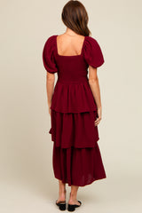 Burgundy Smocked Body Ruffled Tiered Midi Dress