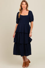 Navy Smocked Body Ruffled Tiered Maternity Midi Dress