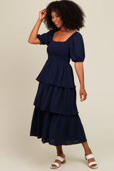 Navy Smocked Body Ruffled Tiered Maternity Midi Dress