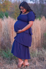 Navy Smocked Body Ruffled Tiered Maternity Midi Dress