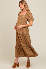 Mocha Floral Leopard Print Maternity Midi Dress