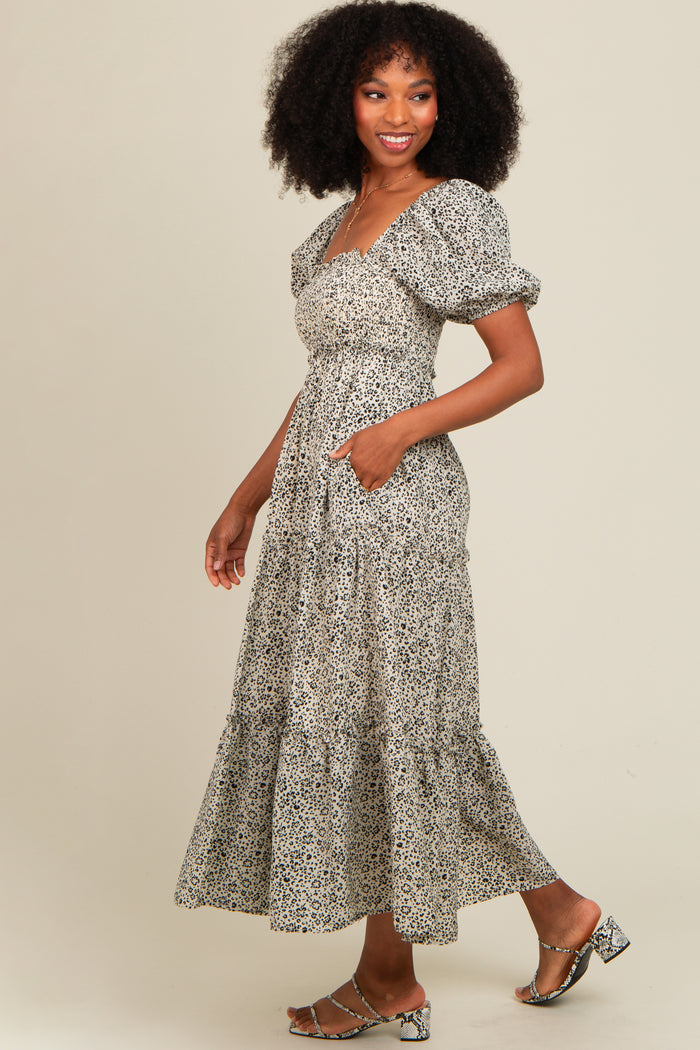 Cream Western Floral Leopard Print Midi Dress