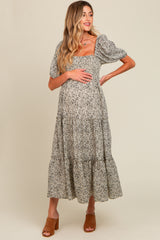 Cream Floral Leopard Print Maternity Midi Dress