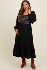 Black Contrast Smocked Balloon Sleeve Maternity Midi Dress