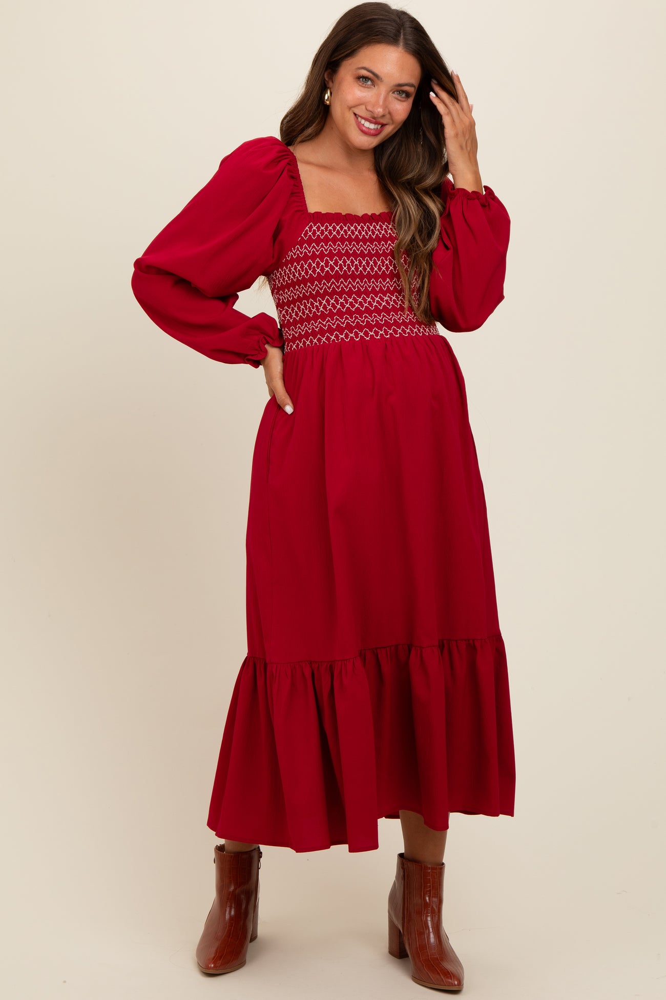 Burgundy Contrast Smocked Balloon Sleeve Maternity Midi Dress