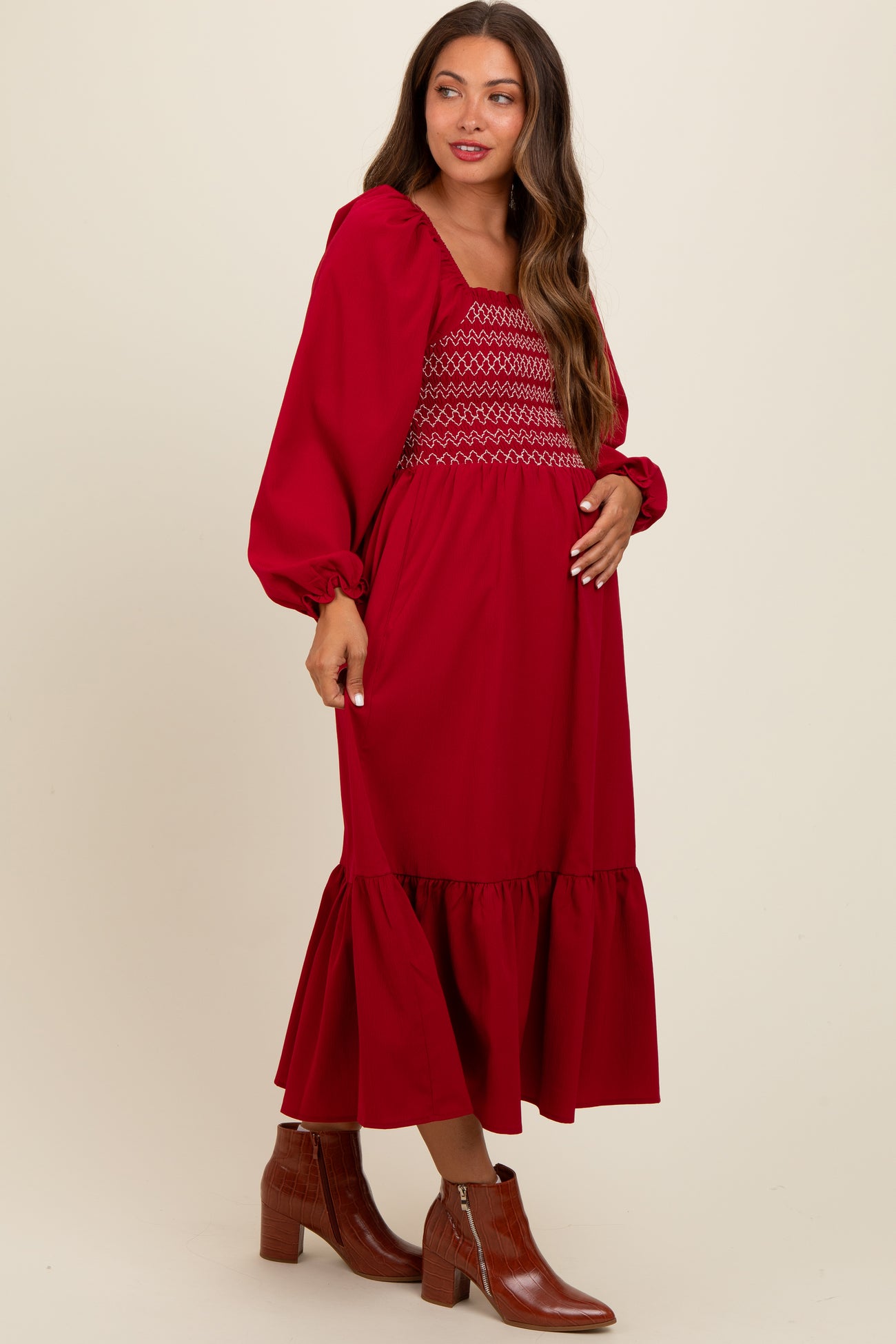 Burgundy Contrast Smocked Balloon Sleeve Maternity Midi Dress