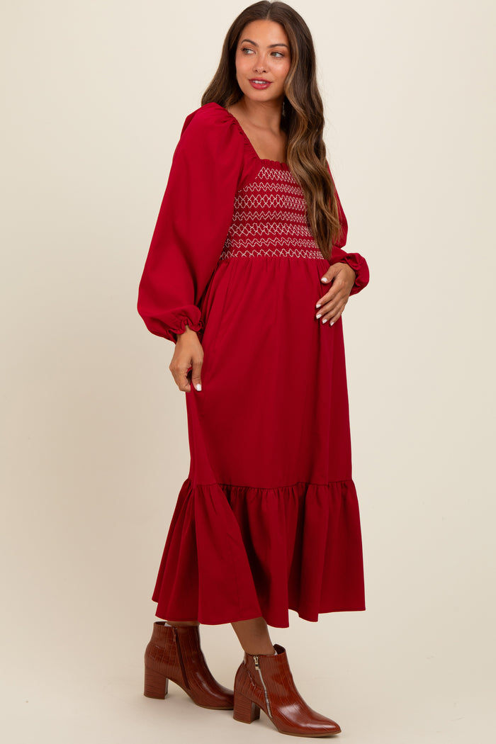 Burgundy Contrast Smocked Balloon Sleeve Maternity Midi Dress
