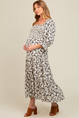 Cream Smocked Tiered Pocketed Maternity Midi Dress