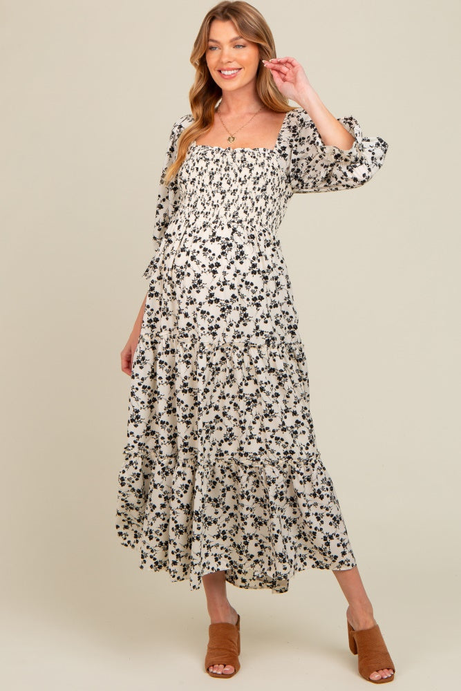 Cream Smocked Tiered Pocketed Maternity Midi Dress