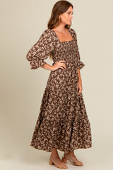 Brown Smocked Tiered Pocketed Midi Dress